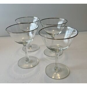 Mid Century Set of 4 Platinum/Silver Rim Water Glasses Optic Bowl,Plain Stem EUC